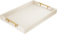 White rectangular serving tray with polished gold-tone handles