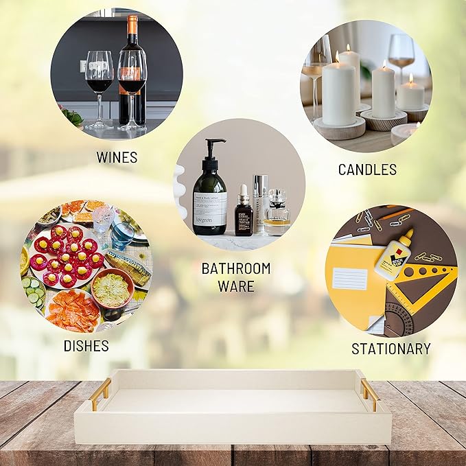 White decorative vanity tray arranged with everyday accessories