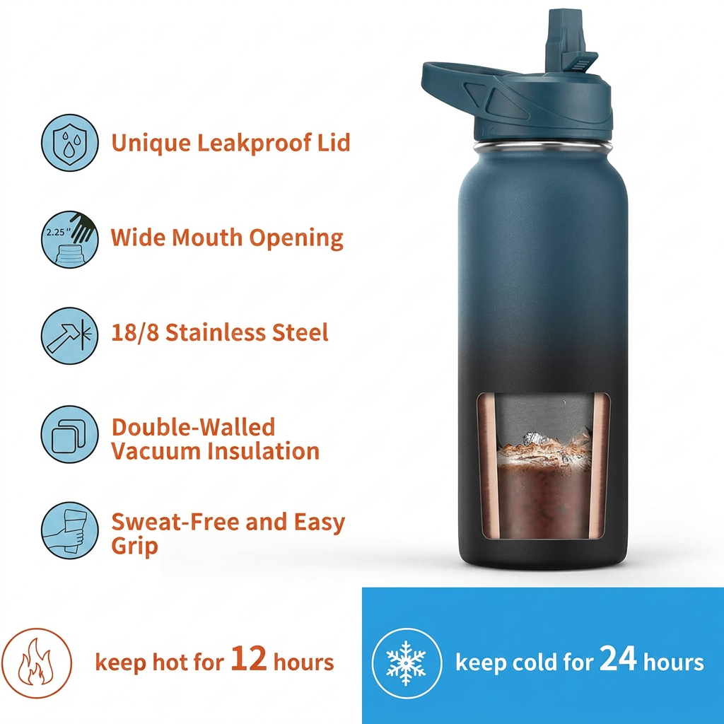 Wide mouth thermal water bottle for easy filling and cleaning