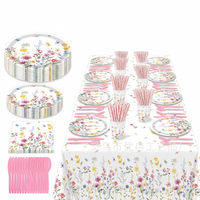 Wildflower party supplies set including plates, cups, utensils, and tablecloth for spring parties