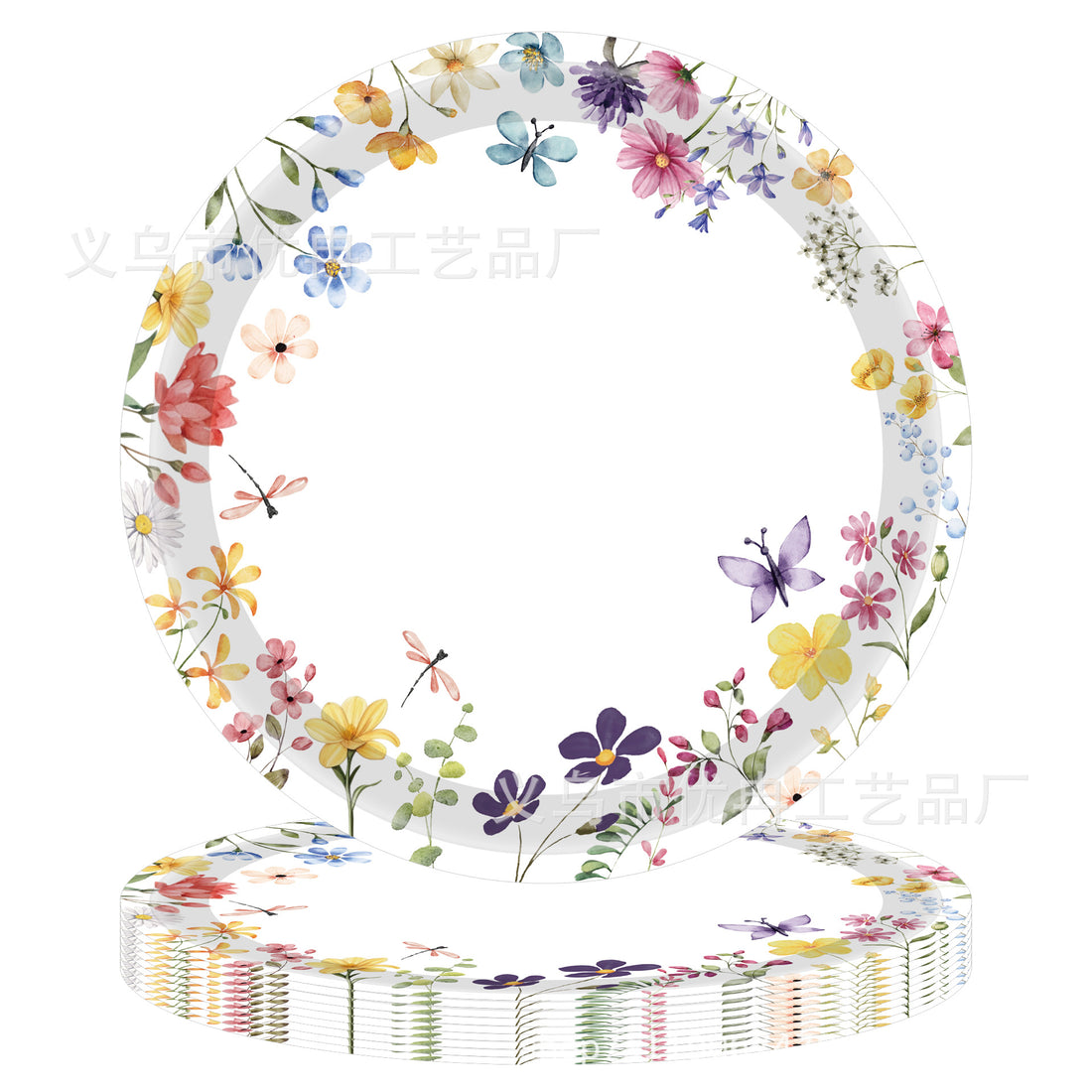Wildflower 7-inch & 9-inch plates, paper cups, and pink utensils for kids' parties