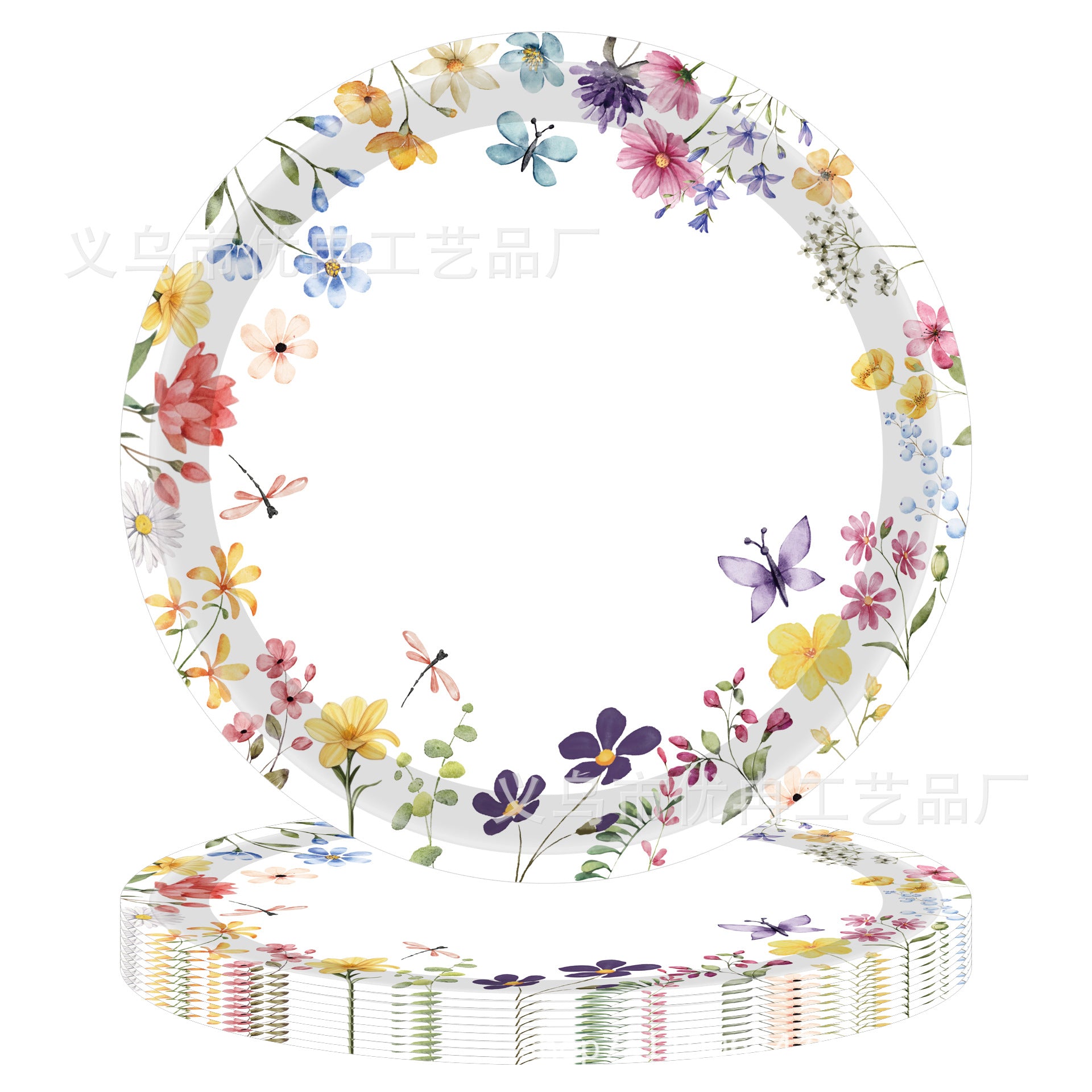Wildflower 7-inch & 9-inch plates, paper cups, and pink utensils for kids' parties