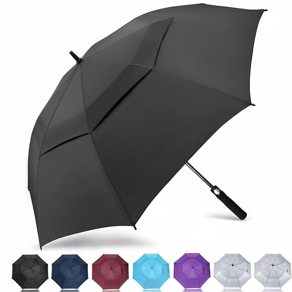 Windproof golf umbrella with double canopy design for strong winds