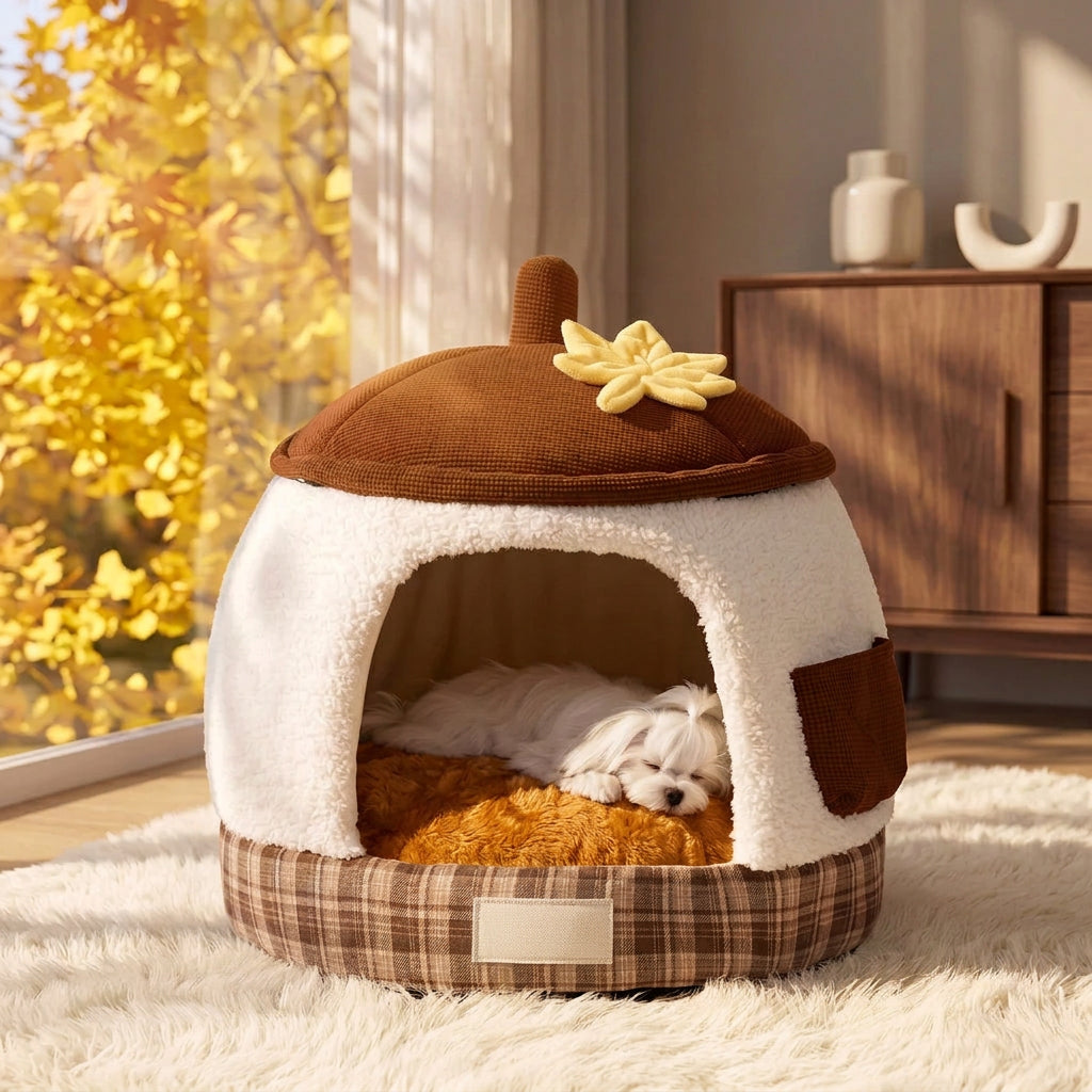 Winter sleeping bed for dogs and cats with cozy enclosed design