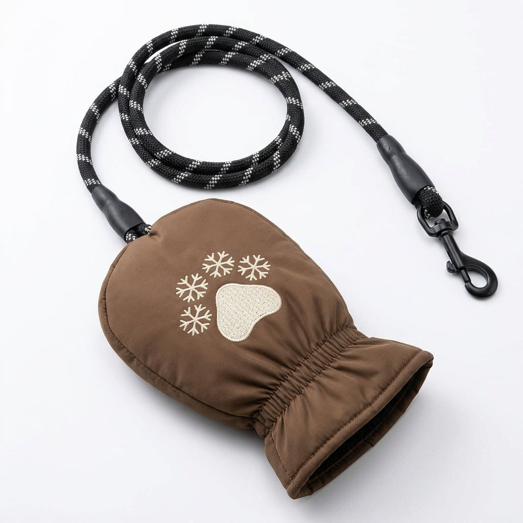 Winter dog walking leash with integrated warm hand gloves