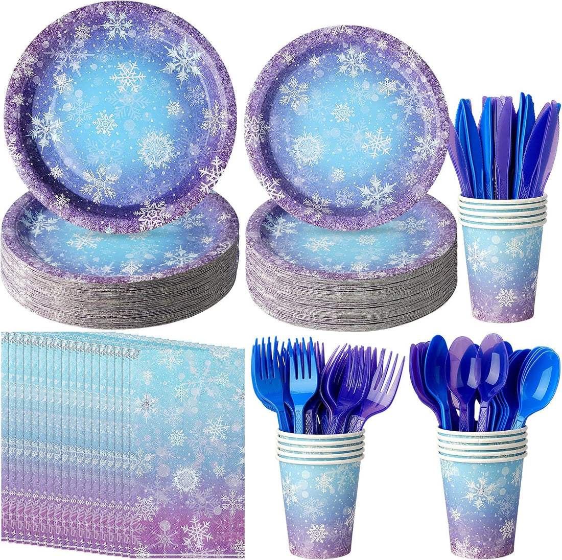  Winter snowflake party supplies set with blue and purple plates and napkins