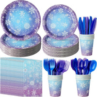  Winter snowflake party supplies set with blue and purple plates and napkins