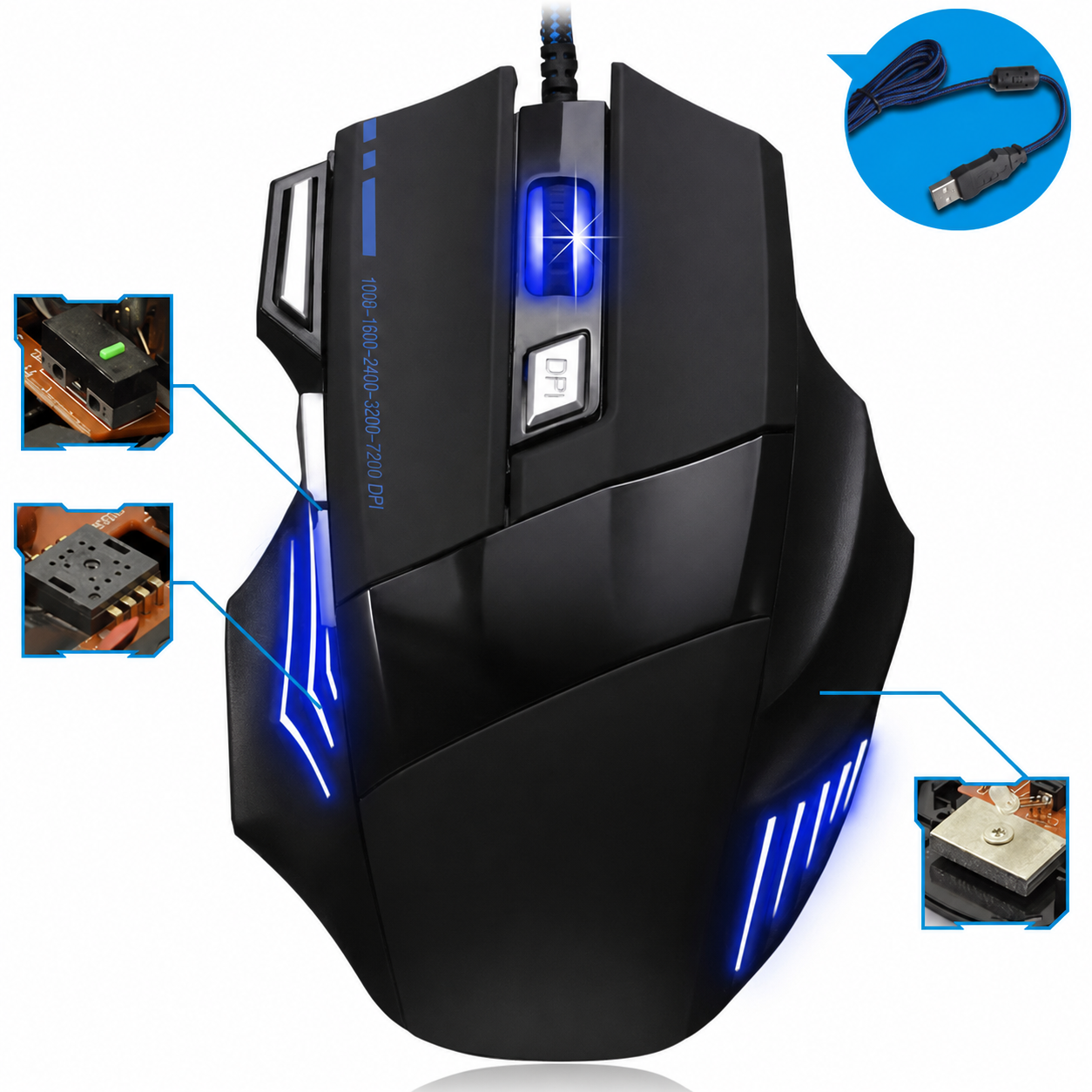 Wired LED gaming mouse with front view design