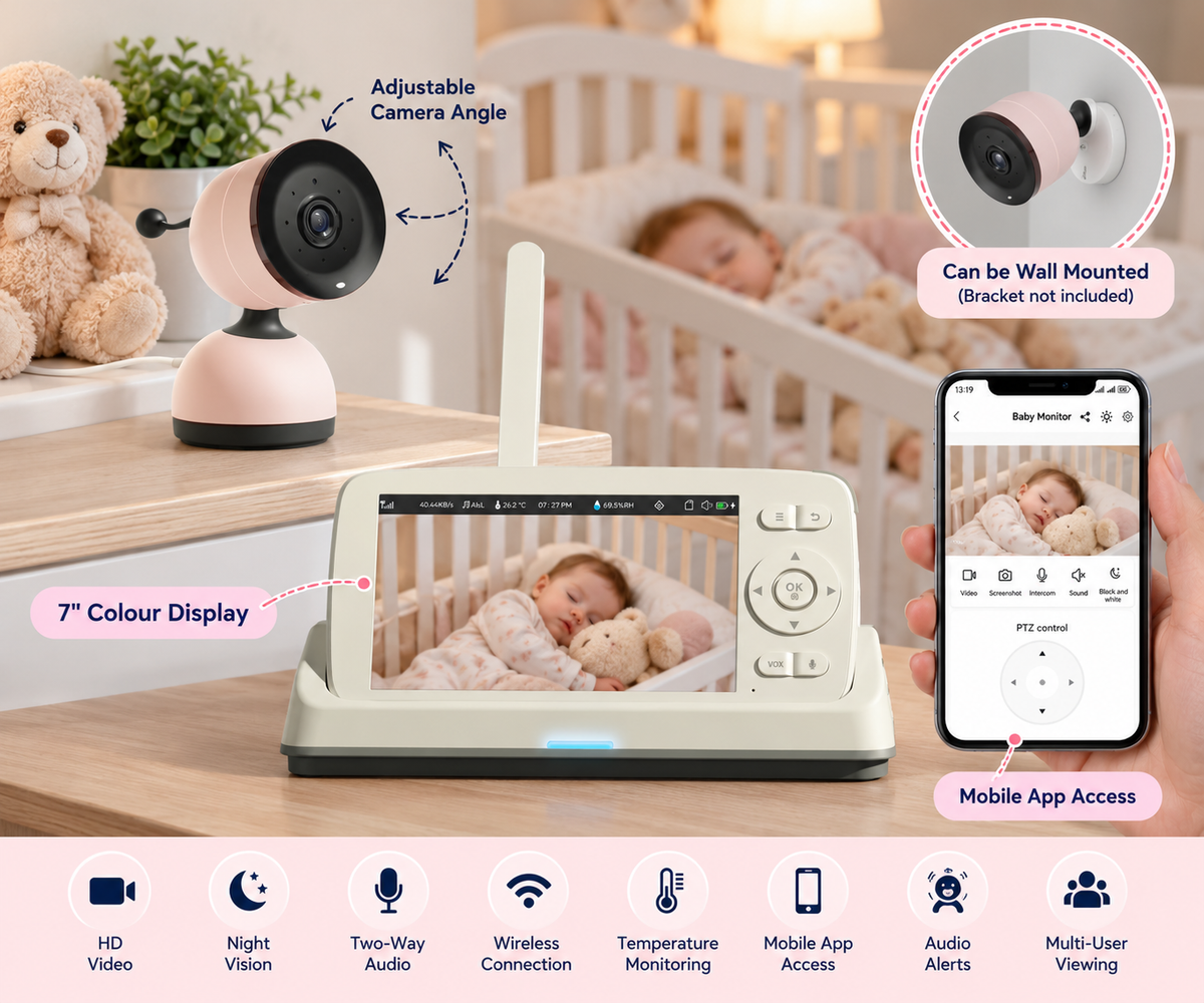 Parent checking a baby's nursery through a portable wireless video display