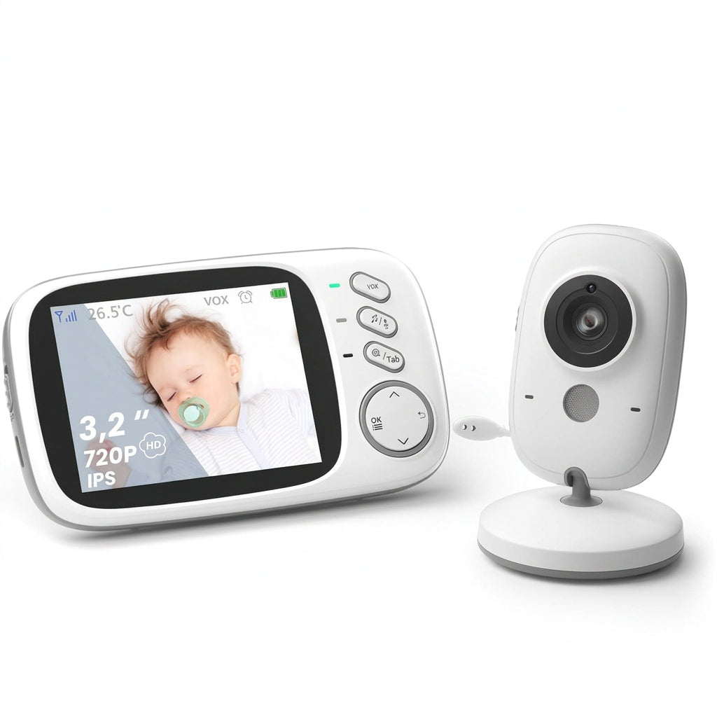 White wireless baby monitor with 3.2-inch parent display and separate nursery camera.