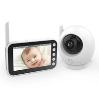 White baby monitoring system with rounded camera and digital parent display