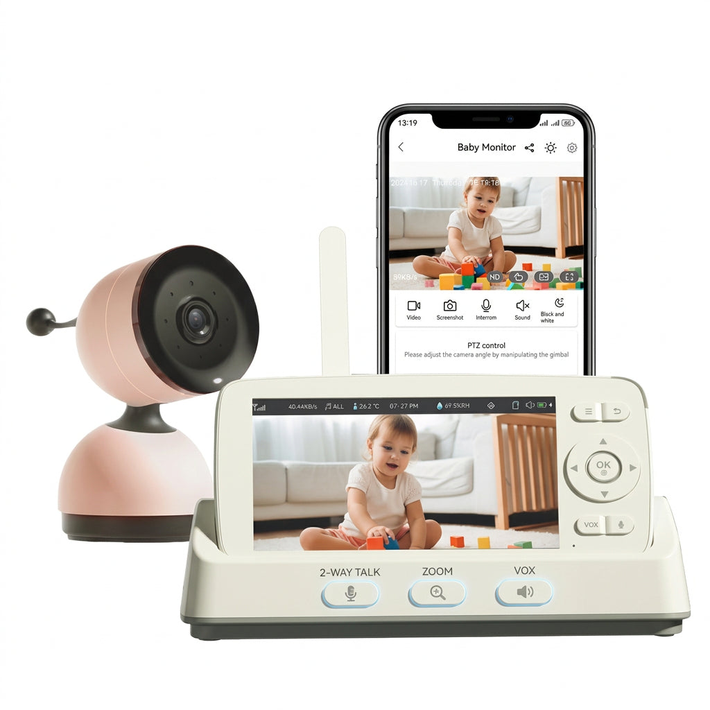 Pink baby monitor camera with cream parent display and smartphone showing a baby playing