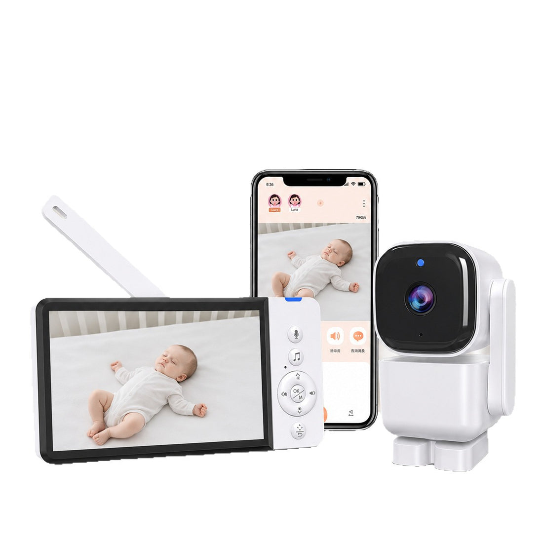 Wireless baby monitor set with LCD parent screen, smartphone viewing and white nursery camera.