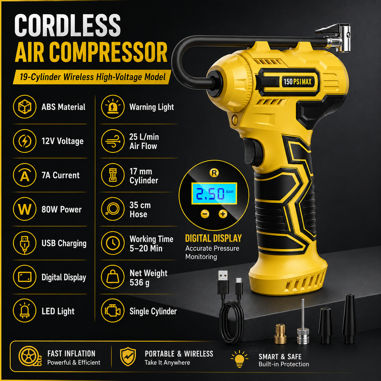 Wireless Car Air Pump With Charging Cable And Nozzle Accessories
