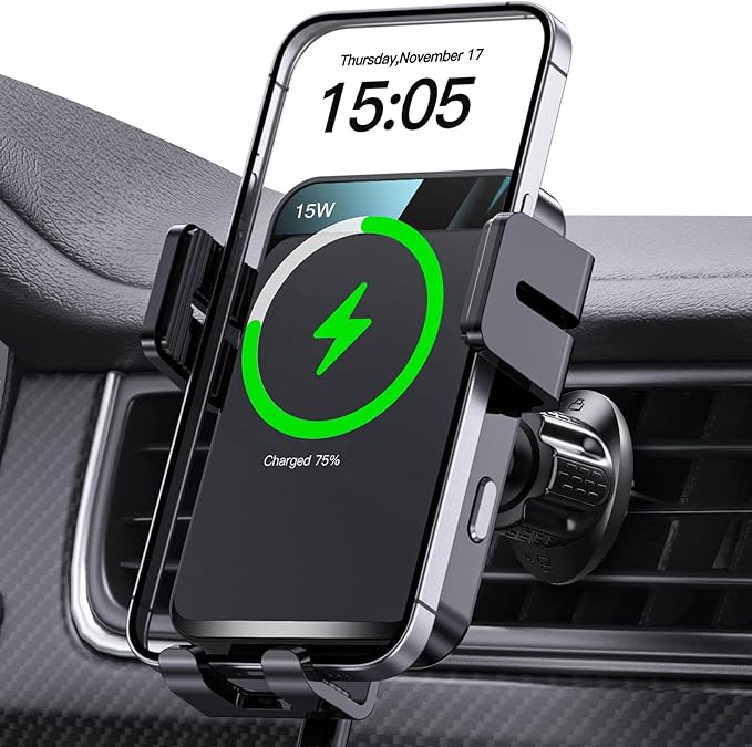 Wireless car charger auto-clamping mount for air vent phone holdER
