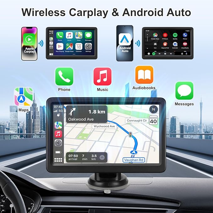 Closeup view of 7" Wireless CarPlay & Android Auto Screen showing Bluetooth, AUX, and Mirror Link features
