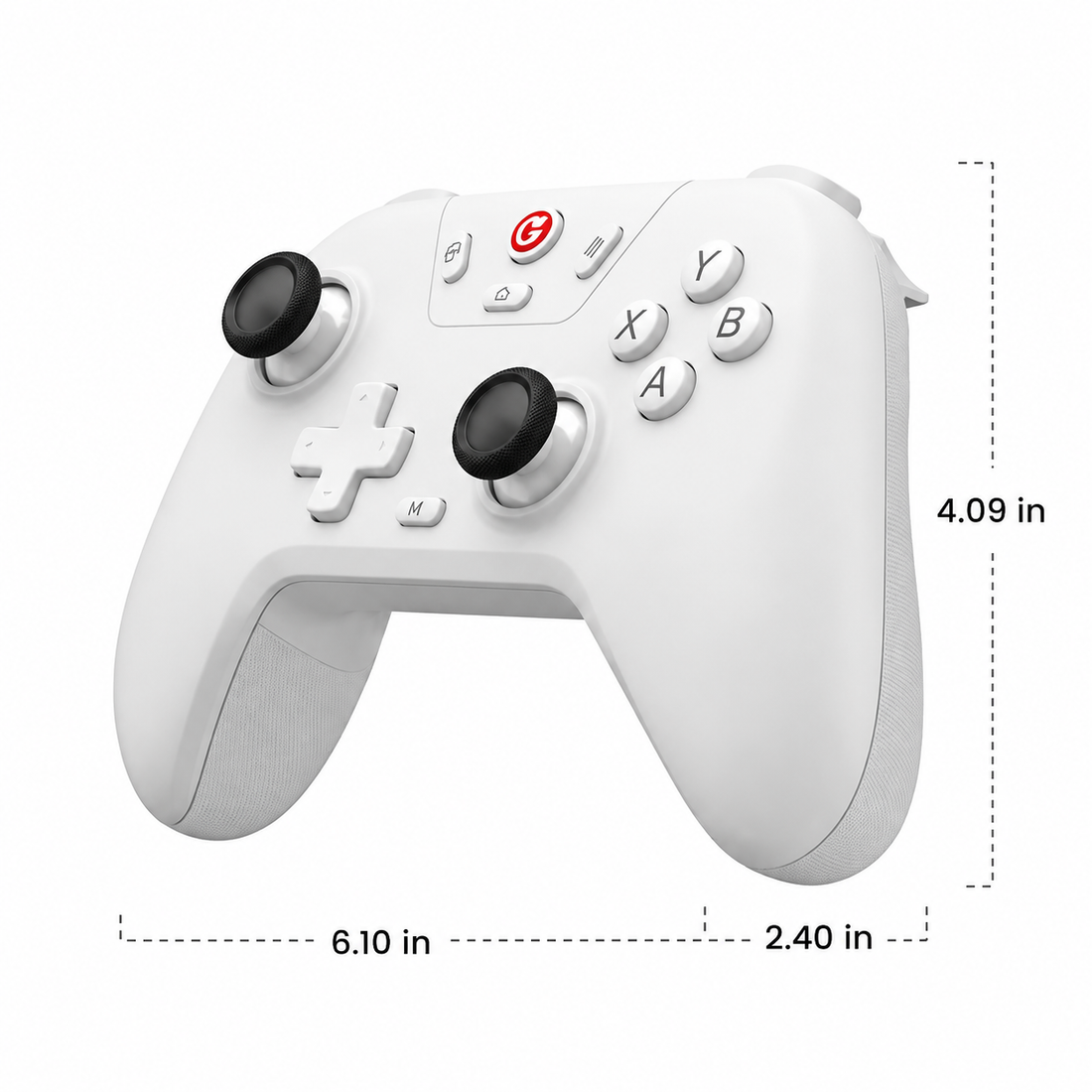 Wireless game controller front view showing joystick and buttons design