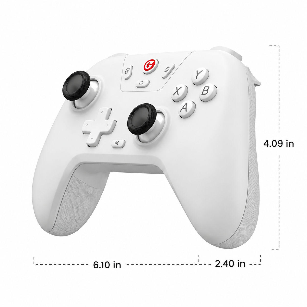 Wireless game controller front view showing joystick and buttons design