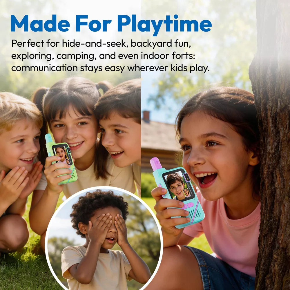 Wireless kids communication toys with two compatible walkie talkie devices.