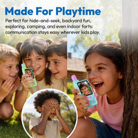 Wireless kids communication toys with two compatible walkie talkie devices.