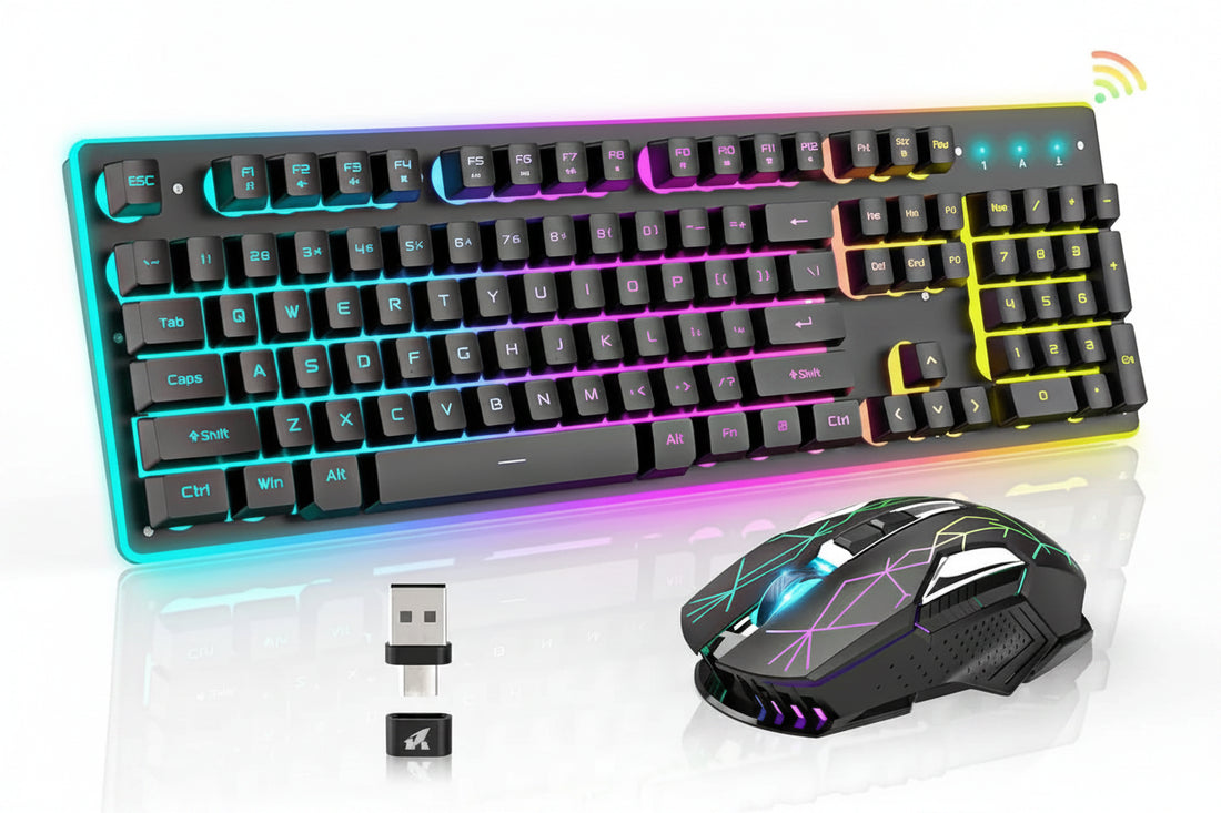 Black wireless RGB keyboard and mouse combo for PC and laptop setup