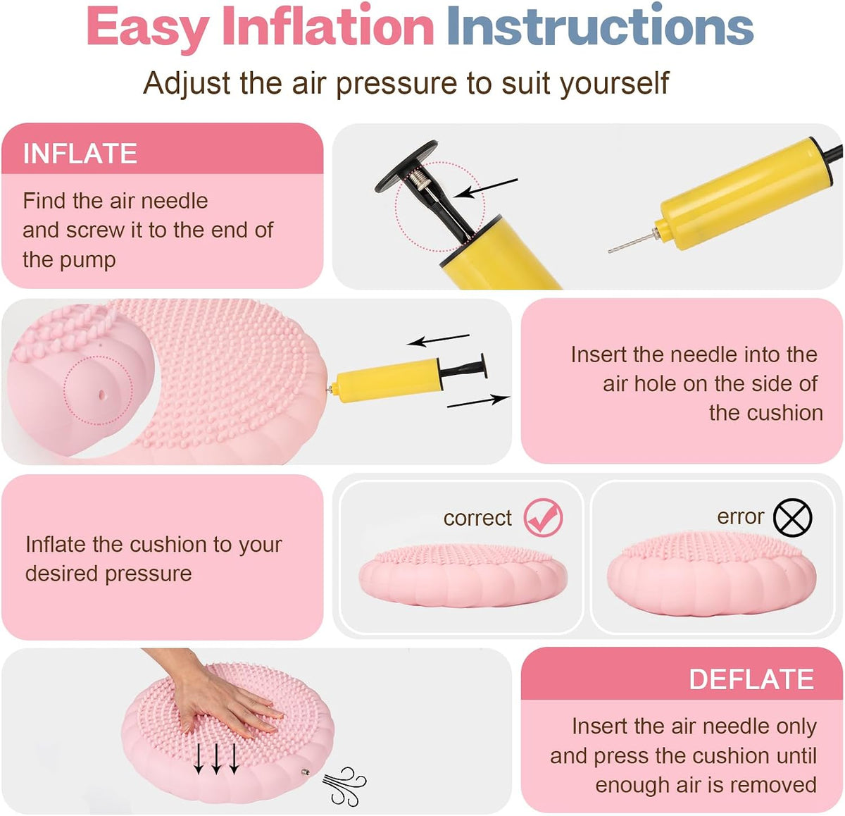 Air pump supplied with an inflatable wobble cushion for convenient setup.