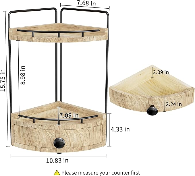 Wood-look bathroom counter organizer with two storage tiers