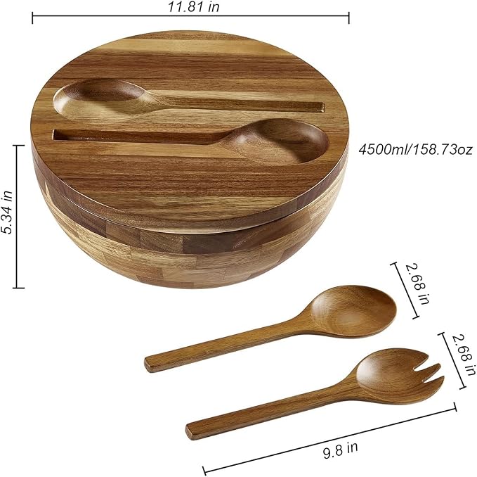 Round wood salad serving bowl set for dining table