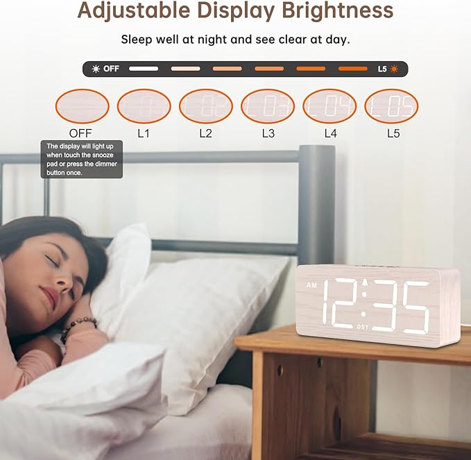 Wooden alarm clock for bedroom decor with clear digital numbers