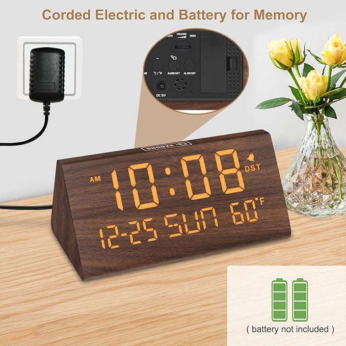 Wooden alarm clock with USB port for bedside and office desk