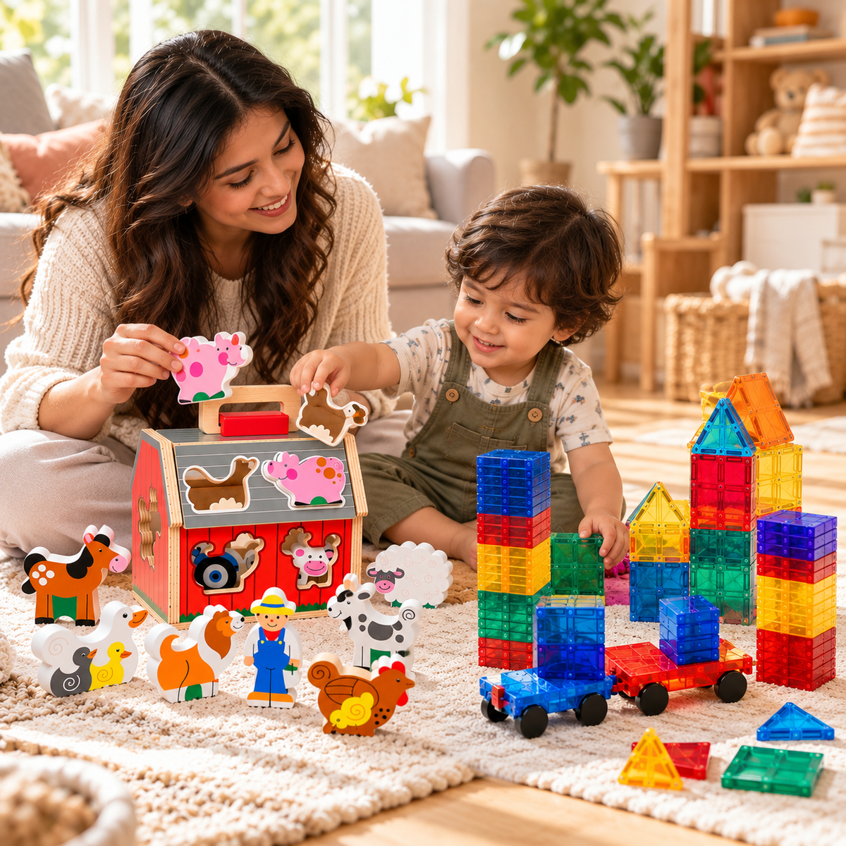 Six colorful wooden animal puzzles arranged for kids playtime
