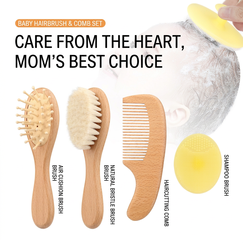 Wooden baby brush with ultra-soft goat hair bristles for gentle scalp grooming