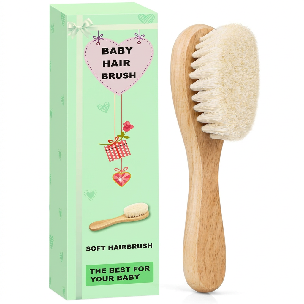 Wooden baby hair brush with soft goat bristles for newborns