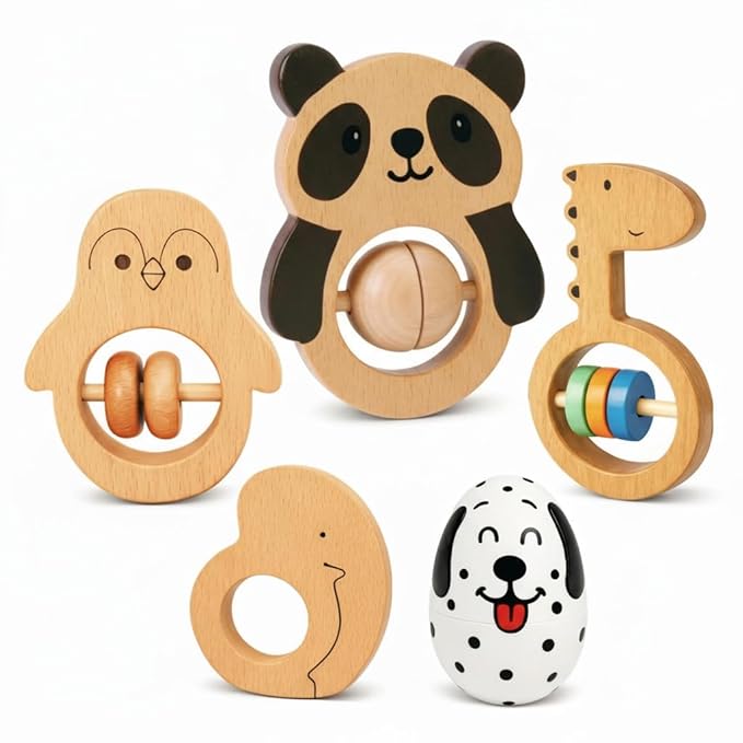 Wooden baby rattle toy set with 5 pieces for supervised infant playtime