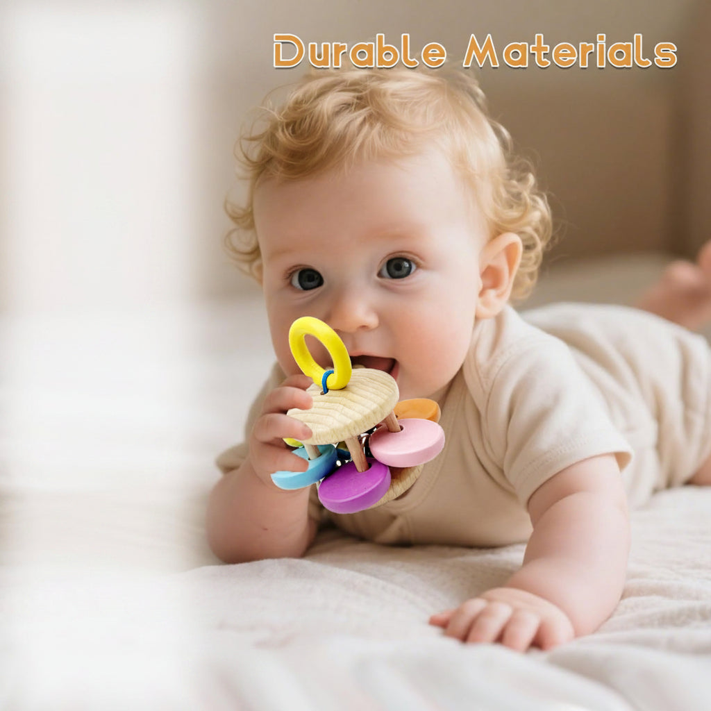 Close-up view of the smooth wooden baby shaker toy and colorful details