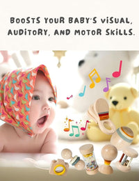Seven wooden baby shaker toys featuring assorted shapes and colours