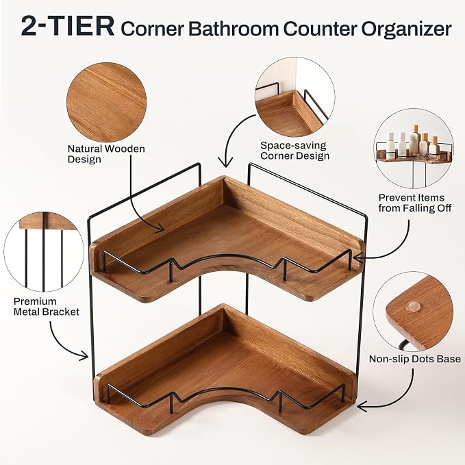 Wooden vanity organizer for skincare makeup and toiletries