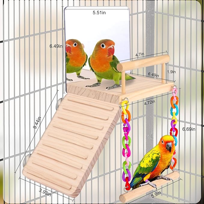 Wooden Play Gym for Birds – Perch, Mirror, and Climbing Ladder Swing