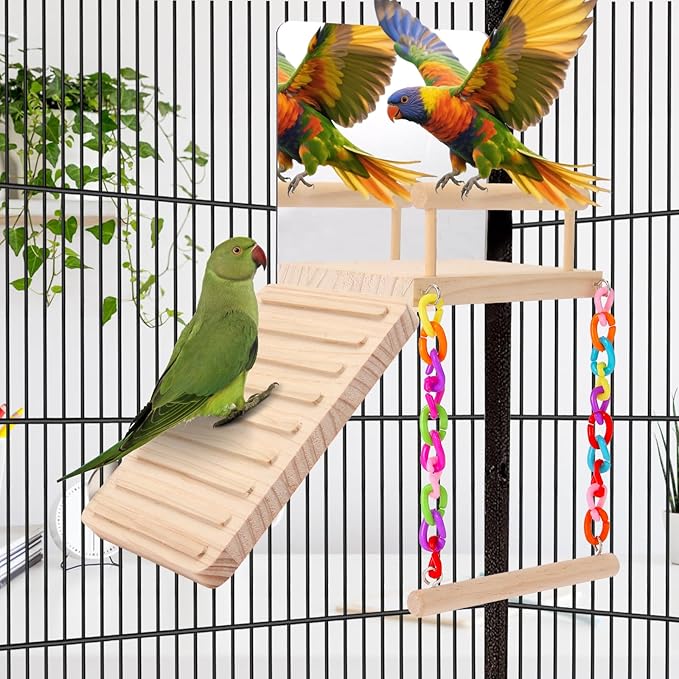 Wooden Bird Toys with Perch Platform and Climbing Ladder Swing for Cage Accessories