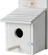 outdoor wooden birdhouse with perch for finches, bluebirds, and cardinals