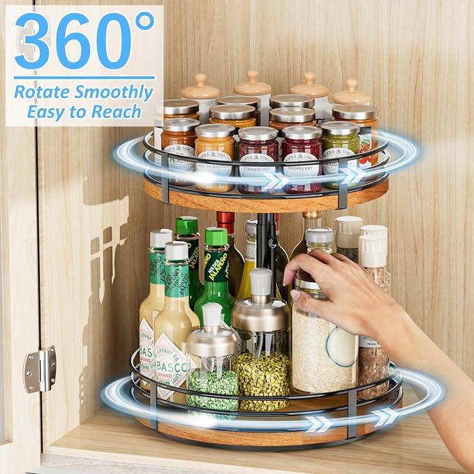 Wooden rotating storage organizer for kitchen cabinetS