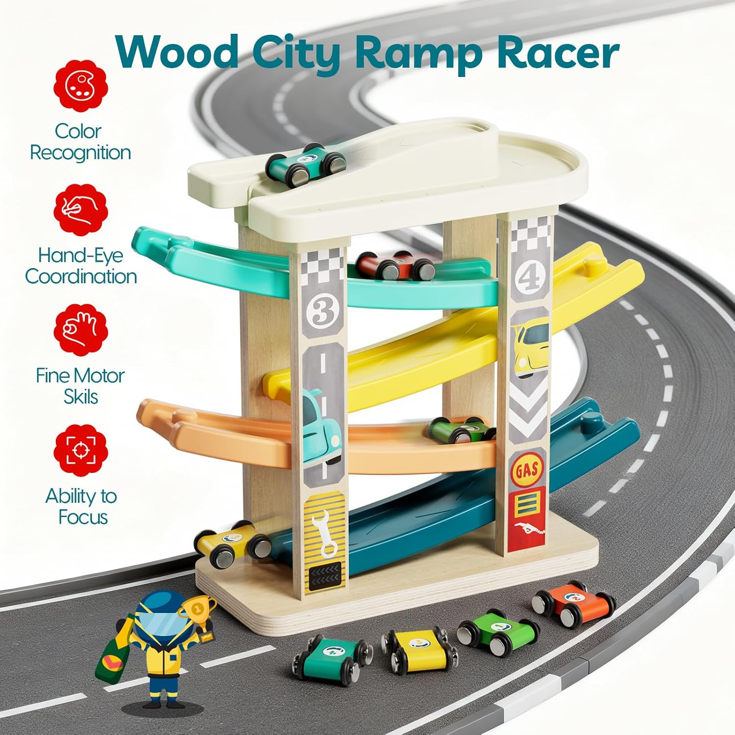 wooden car ramp toy with 4 mini cars for kids
