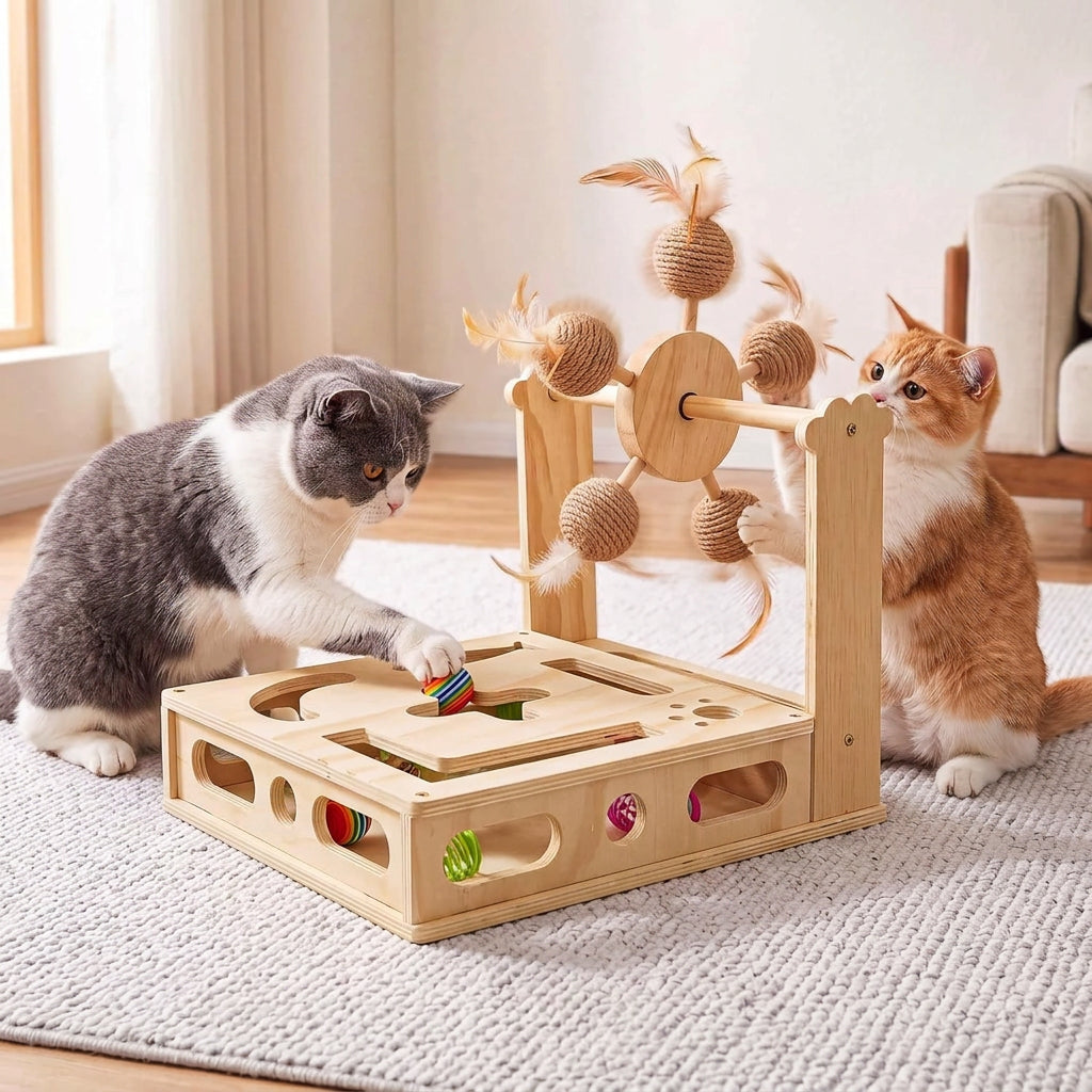 Wooden cat toy with spinning wheel for indoor interactive play