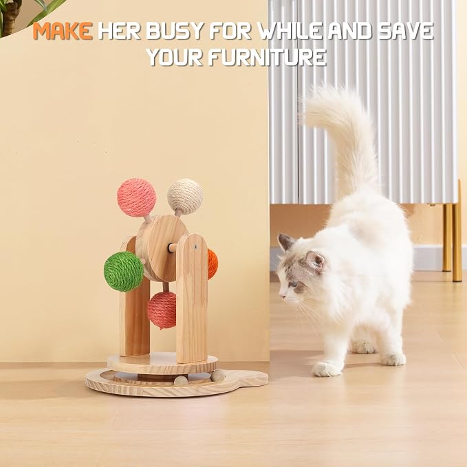 Wooden Cat Wheel Toy with Solid Wood Base
