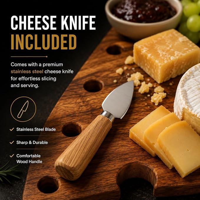 Natural wooden cheese serving board with serving utensil