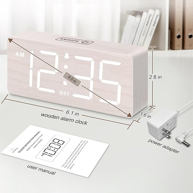 Wooden digital clock with adjustable alarm volume control