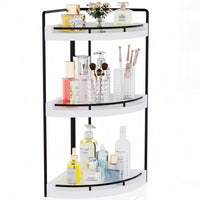 Wooden corner counter storage rack for toiletries and everyday bathroom essentials