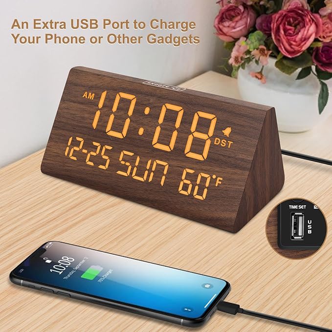 Wooden desk clock for bedroom bedside table with clear digital numbers