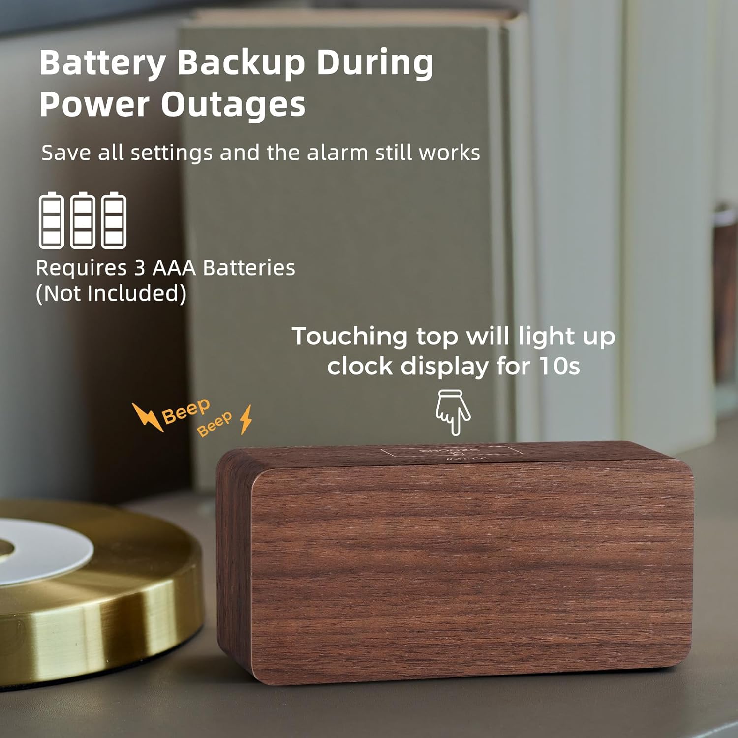 Wooden desk alarm clock with adjustable alarm volume control