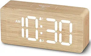 Wooden digital alarm clock with 0-100 percent dimmable display